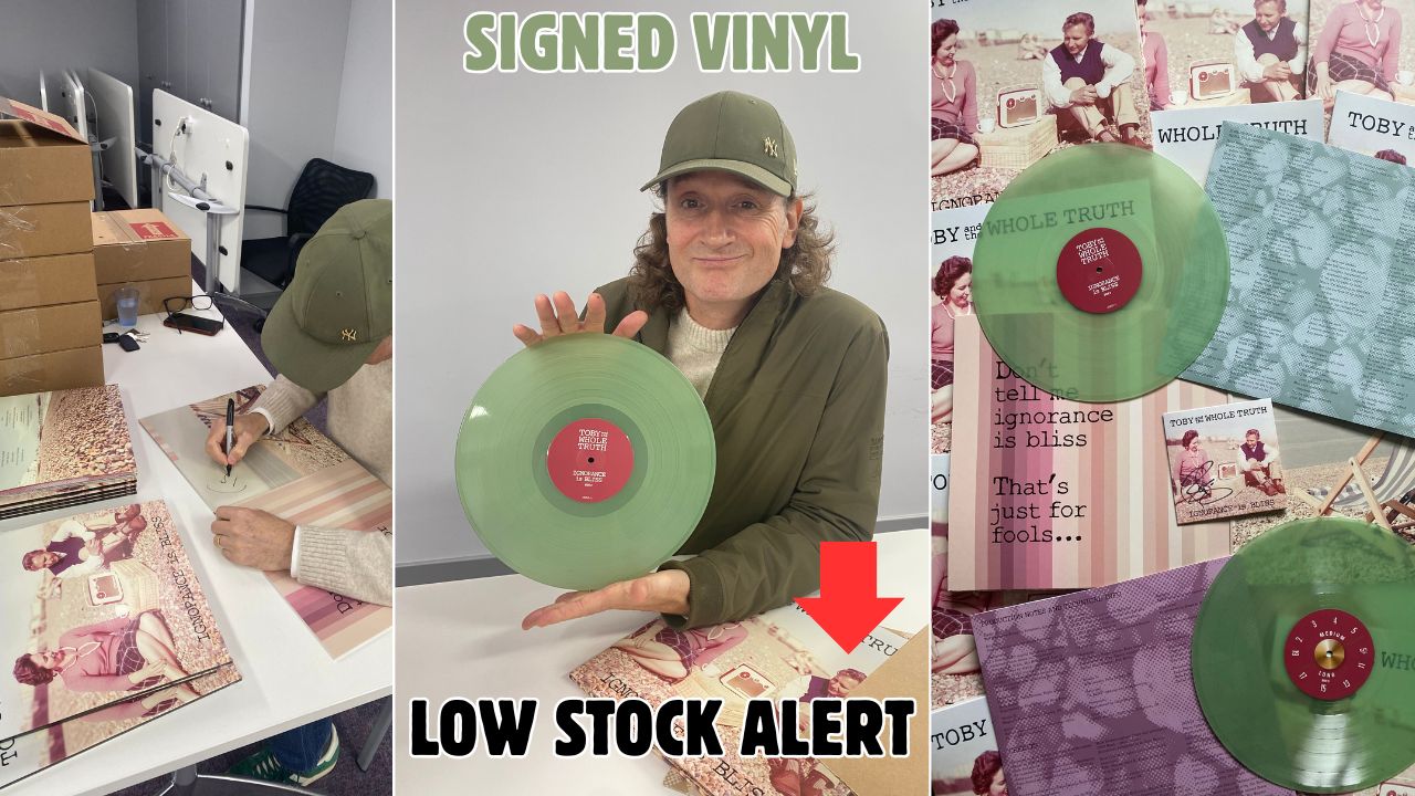 Ignorance Is Bliss 30th Anniversary Signed Collector’s Edition – Limited to 500 copies. Double green vinyl wax, hand-signed and numbered. Includes digital album download, unreleased tracks, lost demos, and exclusive 10-week digital experience with bonus EP, audio storybooks, acoustic versions, interviews, and commentary, by Toby and the Whole Truth